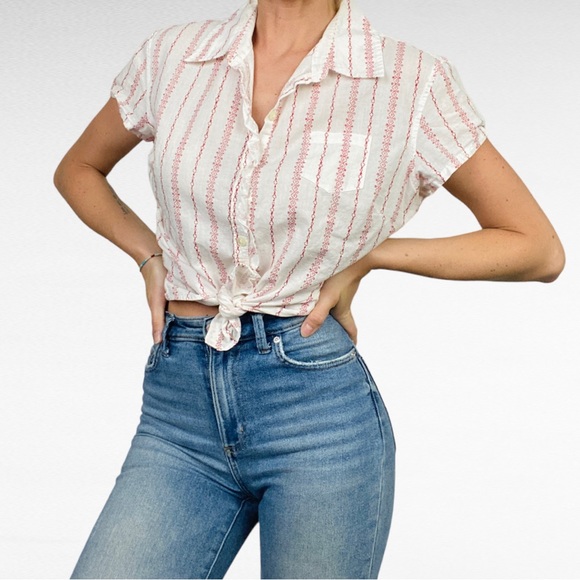 VINTAGE | CLIO White & Red Western Tribal Stripe Cap Sleeve Button Down Shirt - Picture 3 of 7